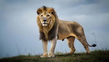 A lion standing on a hill with a blue sky photo