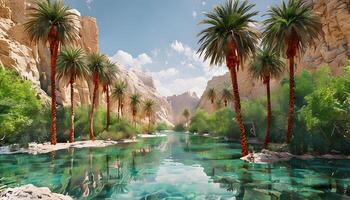 A river with palm trees and rocks in the middle photo
