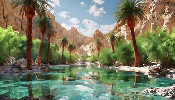 A river in the desert with palm trees and rocks photo