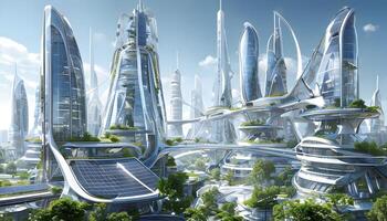 Futuristic city with lots of buildings and trees photo