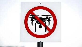 A no drone sign is shown in front of a building photo