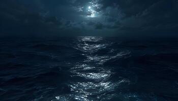 A dark ocean with a full moon shining over it photo