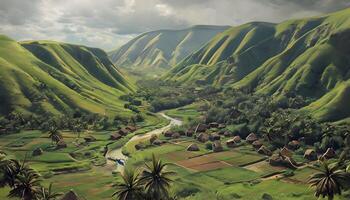 A valley with a river and a village in the middle photo