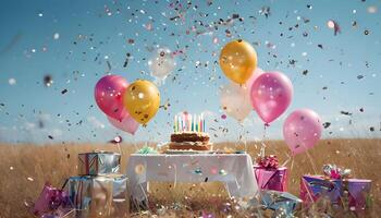 Birthday cake with candles and confetti in a field photo