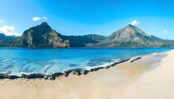 A beach with mountains and water in the background photo