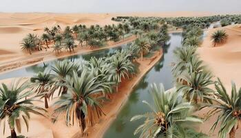 A river runs through a desert with palm trees photo