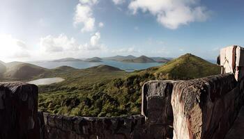 A view of the ocean and mountains from a tower photo
