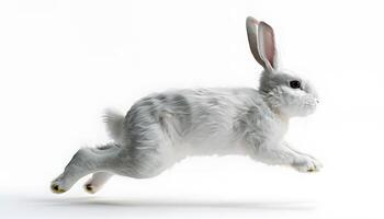 A white rabbit is running in the air photo