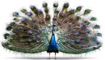 A peacock is standing with its tail spread out photo