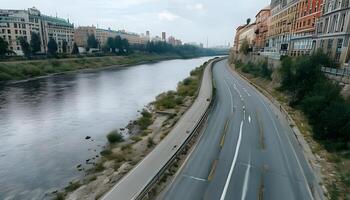 A view of a highway with a river running through it photo