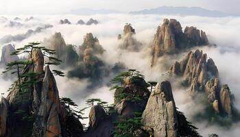The mountains are covered with clouds and trees photo