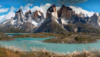 A beautiful mountain range with a lake in front of it photo