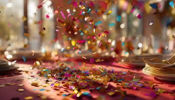 Confetti falling on a table with plates and napkins photo