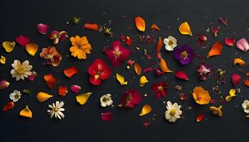 A large group of flowers are arranged on a black background photo