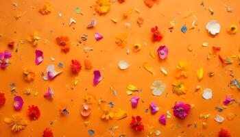 An orange background with many colorful flowers photo