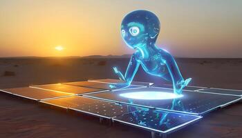 An alien is standing on a platform in the desert photo