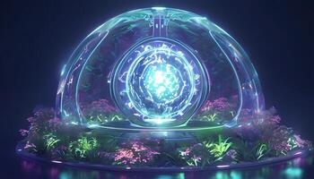 A glowing sphere with plants and flowers inside photo
