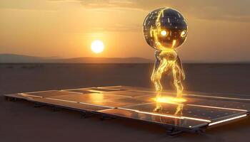 An alien standing on a solar panel in the desert photo