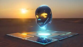 A futuristic robot head in the desert photo