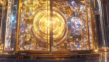 A large golden clock with many crystals inside photo