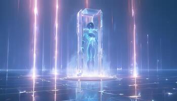 A futuristic woman standing in front of a cube photo