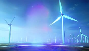 A wind farm with blue lights and wind turbines photo