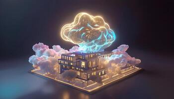 A 3d model of a house with a cloud in the sky photo