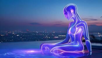 A glowing woman sitting in a pool with a city view photo