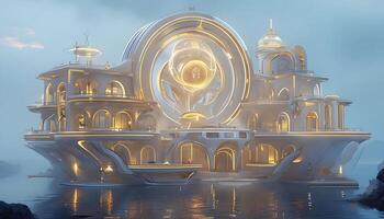 A futuristic building with a clock on top photo