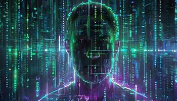 A man with a computer screen in front of him photo