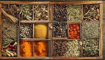 A wooden box filled with various spices and herbs photo