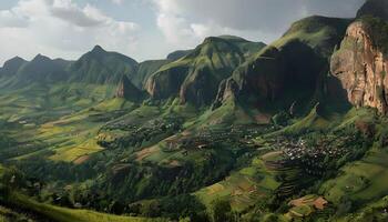A valley with mountains and green grass photo