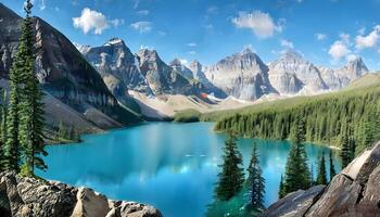 A beautiful lake surrounded by mountains and trees photo