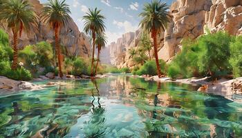 A river in the desert with palm trees photo