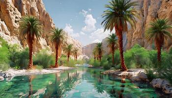 A river in the desert with palm trees photo