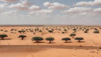 A desert with trees and clouds in the background photo