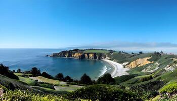 A scenic view of the ocean and hills with a lighthouse photo