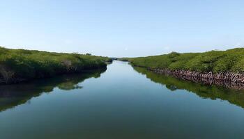 A river that is surrounded by trees and water photo