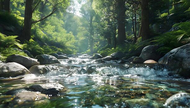 A stream runs through a forest with rocks and trees photo