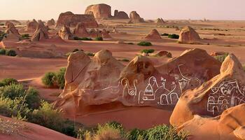 The desert has many rock formations with writing on them photo