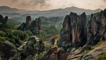 A scenic view of the mountains and trees photo