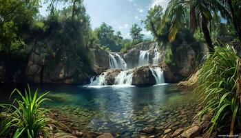A waterfall in the middle of a tropical forest photo