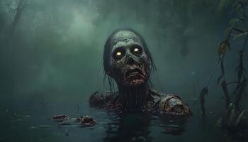 A zombie in the water with glowing eyes photo