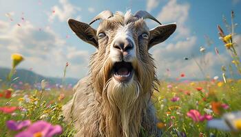 A goat is standing in a field of flowers photo