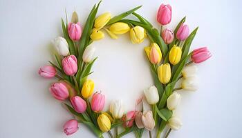 A wreath of pink and yellow tulips is arranged in the shape of a letter o photo