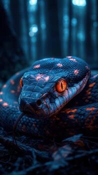 un serpiente con brillante ojos en el oscuro foto