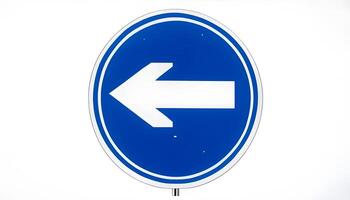 A blue and white road sign with an arrow pointing in the direction of the right photo