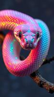 A snake with colorful eyes and a pink and blue color photo