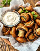 Mushrooms with garlic and parsley in a bowl with a dip photo