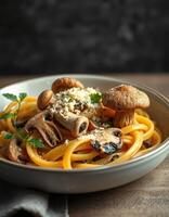 Spaghetti with mushrooms and parmesan cheese photo